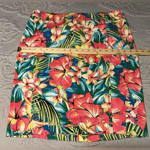 LOFT Pink and Blue Knee-Length Pencil Skirt tropical print pink birds size 12 - Picture 4 of 9